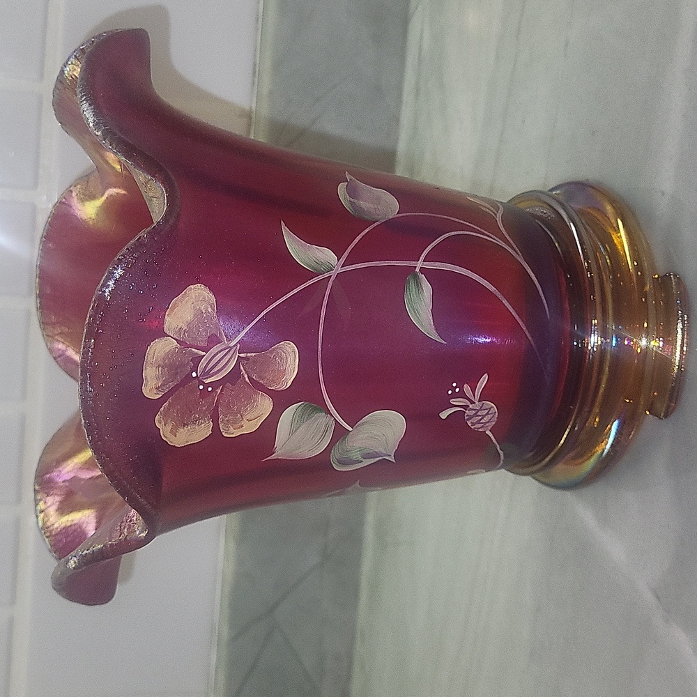 Fenton Red and Gold Floral Glass Vase With Stand. 100th Anniversary